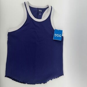 DSG Girls Large 14 Cotton Rib Tank Top Indigo Blue Racerback Lettuce Edge NEW